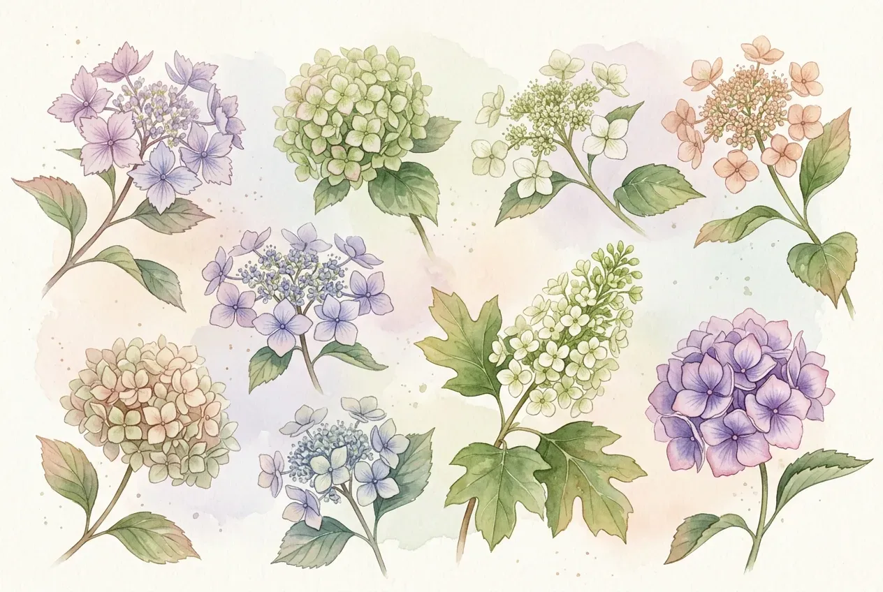 Verschiedene ausgefallene Hortensien Arten mit unterschiedlichen Blütenformen und Farben im schattigen Gartenbeet