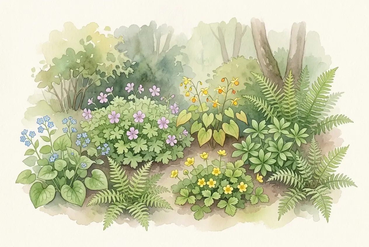 Dicht bewachsener Schattengarten mit verschiedenen grünen Bodendeckern unter Bäumen