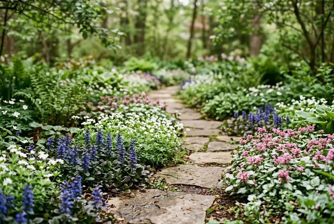 Blühende Bodendecker im Schattengarten mit verschiedenen Blütenfarben
