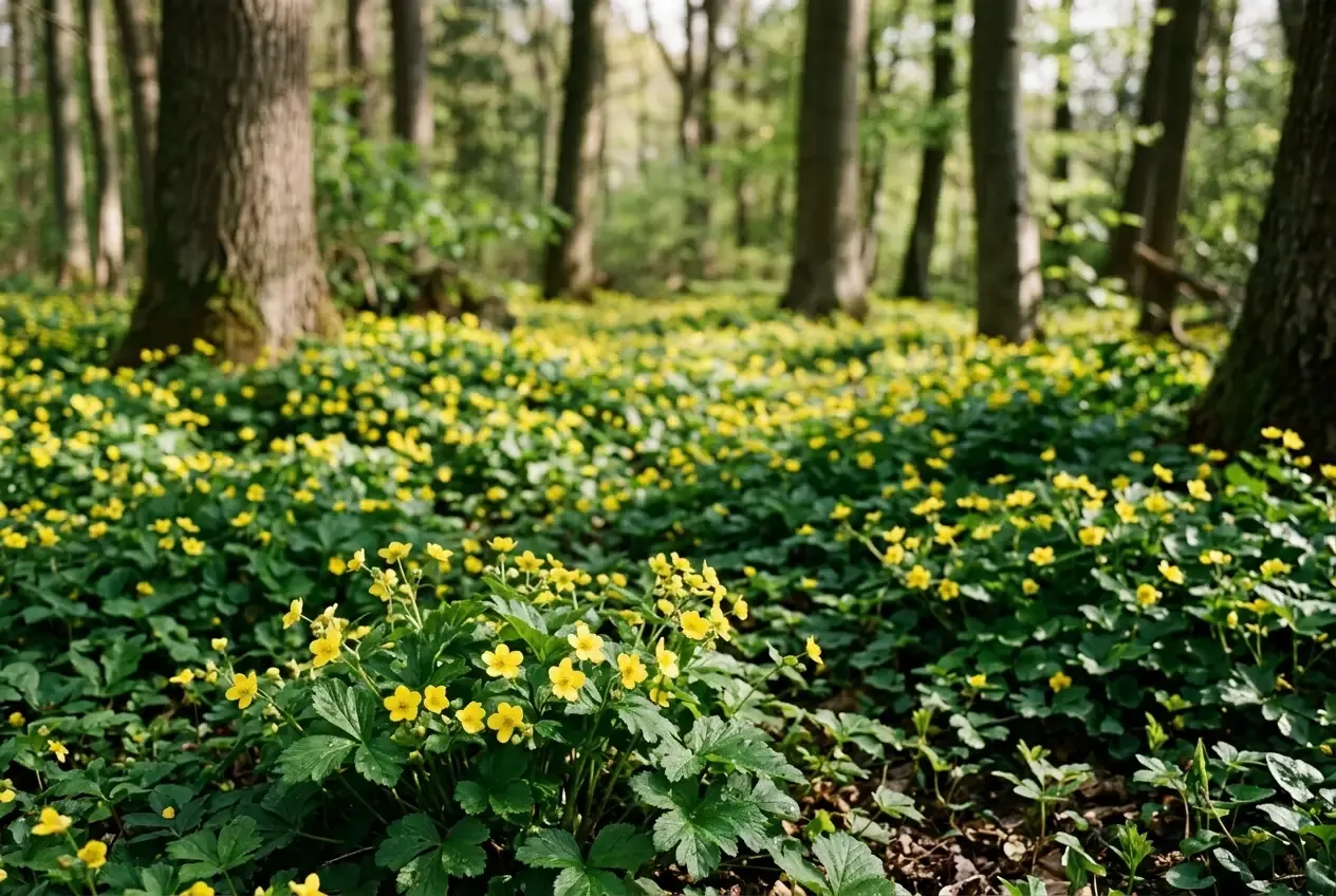 Teppich-Golderdbeere mit gelben Blüten als Bodendecker unter Bäumen