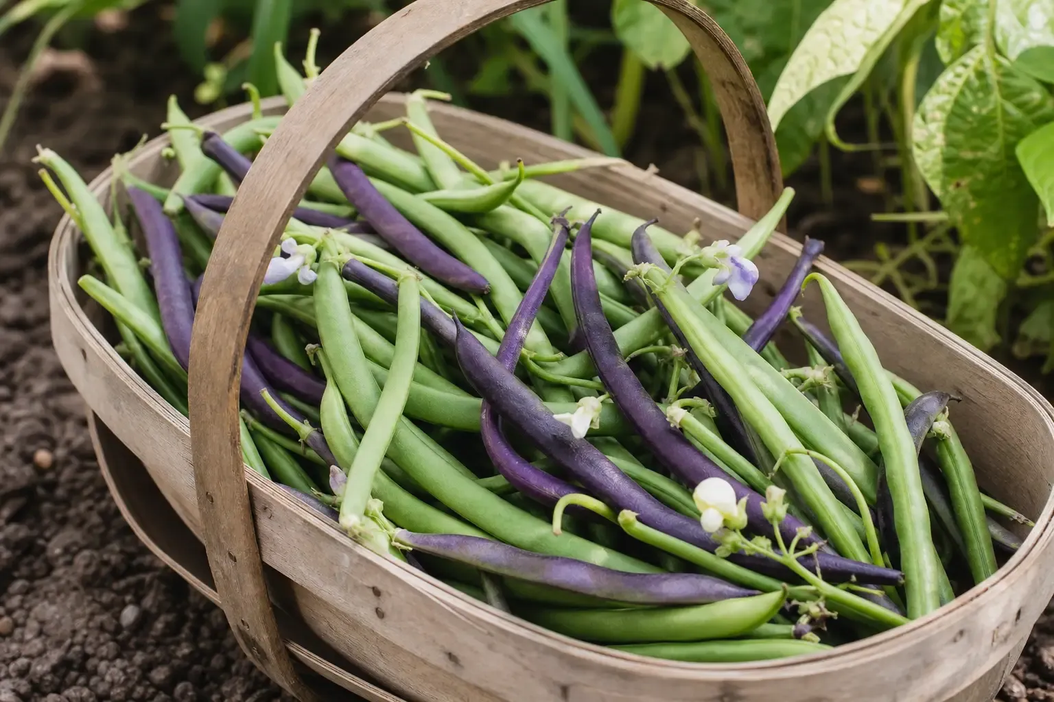 Frisch geerntete grüne Bohnen und violette Blauhilde-Bohnen in einer Holzkiste im Garten