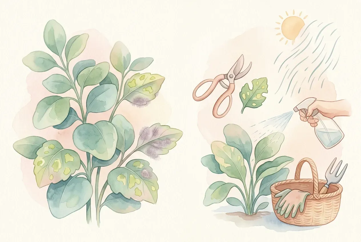 Blattunterseite mit grau-violettem Belag durch falschen Mehltau