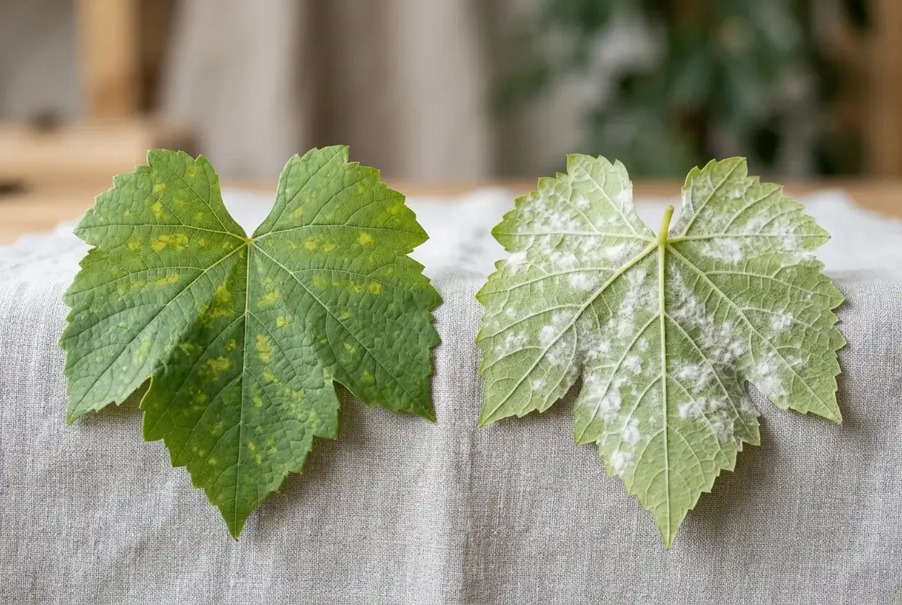 Vergleich Blattoberseite und Blattunterseite bei falschem Mehltau