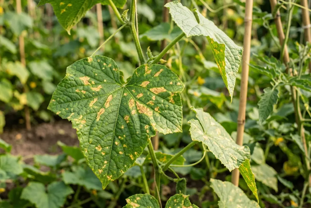 Falscher Mehltau an Gurkenblättern mit typischen eckigen Flecken