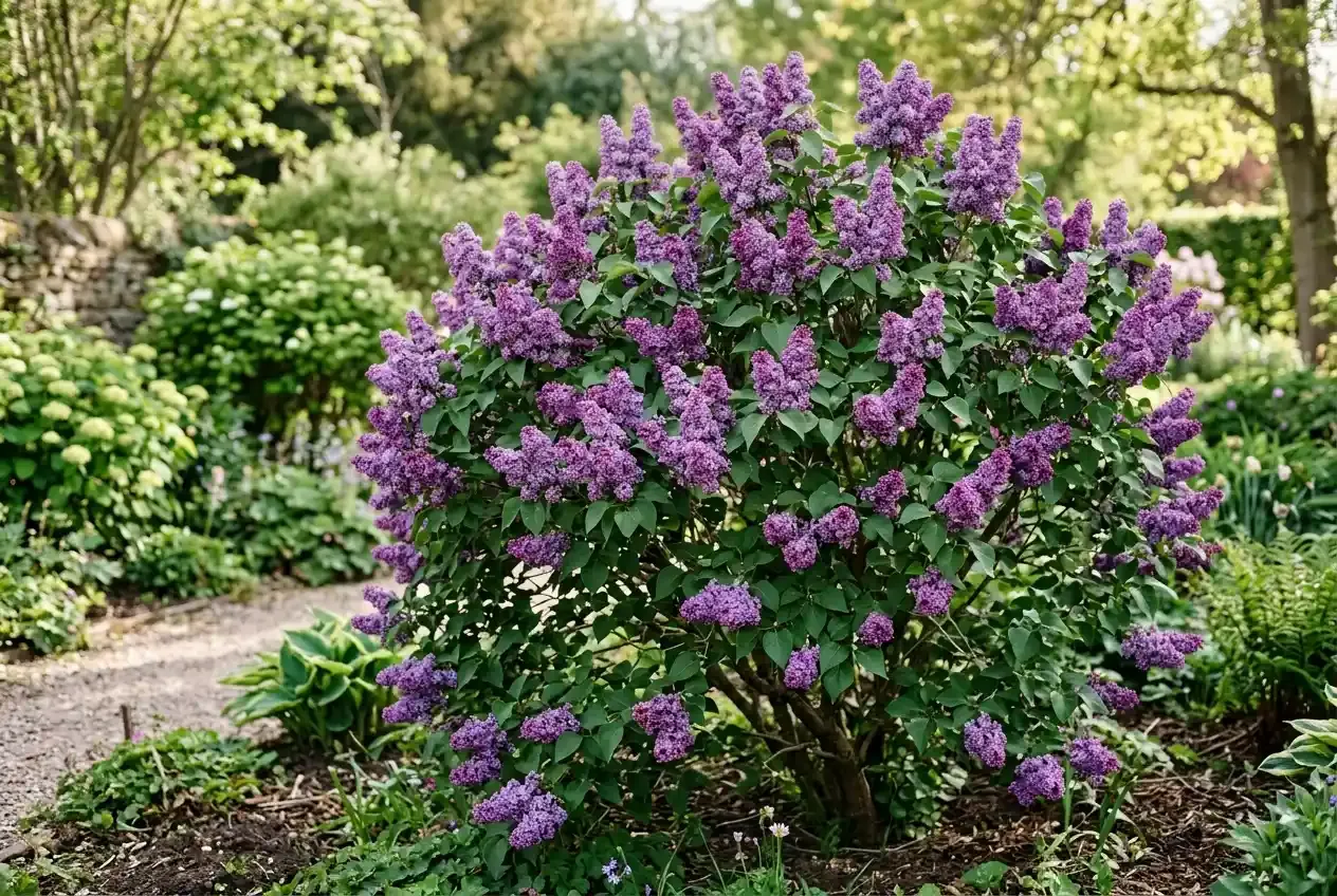 Fliederstrauch in voller Blüte mit lila Blütenrispen im Frühlingsgarten