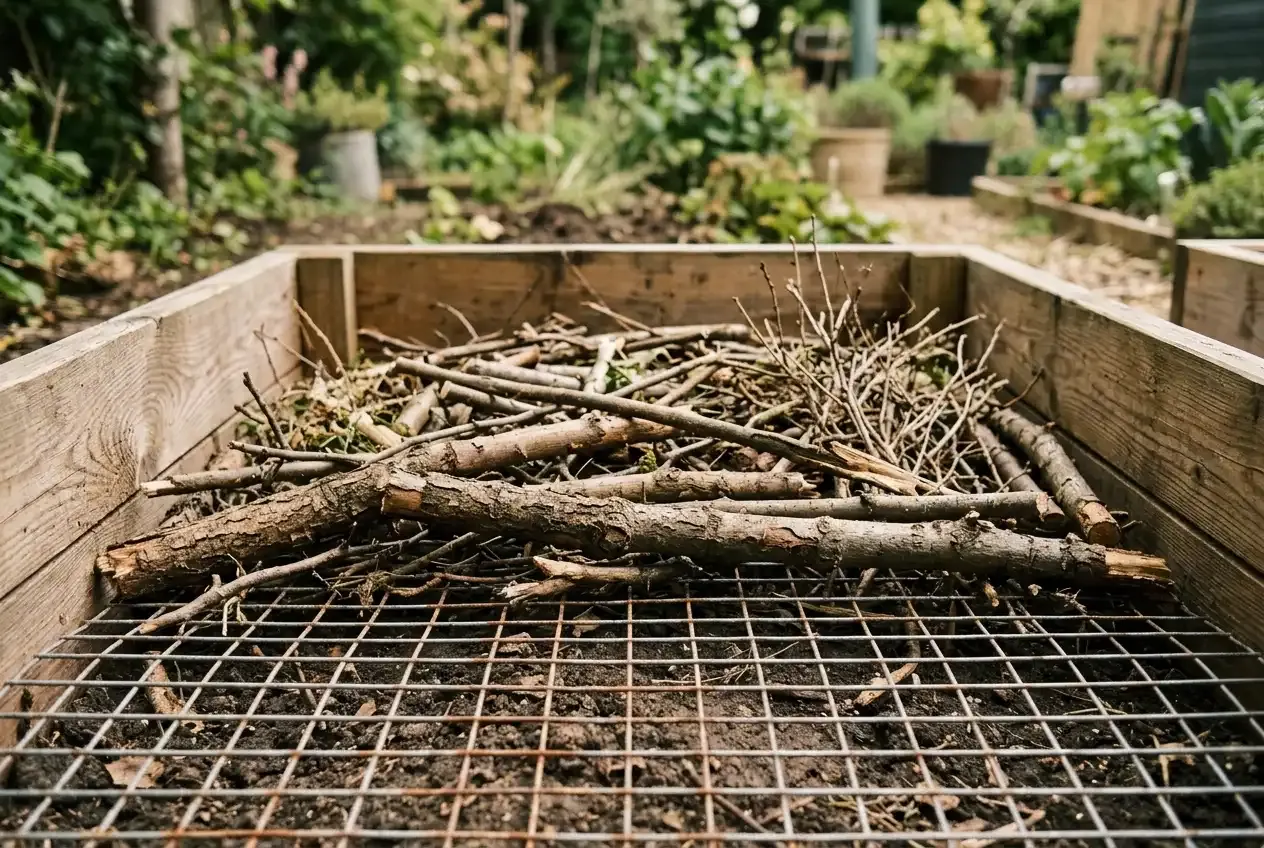 Nahaufnahme der untersten Hochbeetschicht mit groben Ästen und Strauchschnitt auf Wühlmausgitter