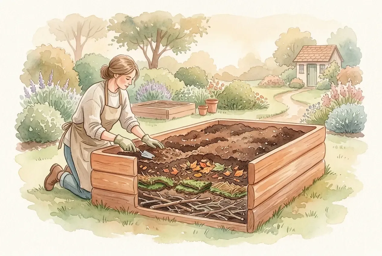 Querschnitt eines Hochbeets mit sichtbaren Befüllungsschichten aus Ästen, Laub, Kompost und Erde