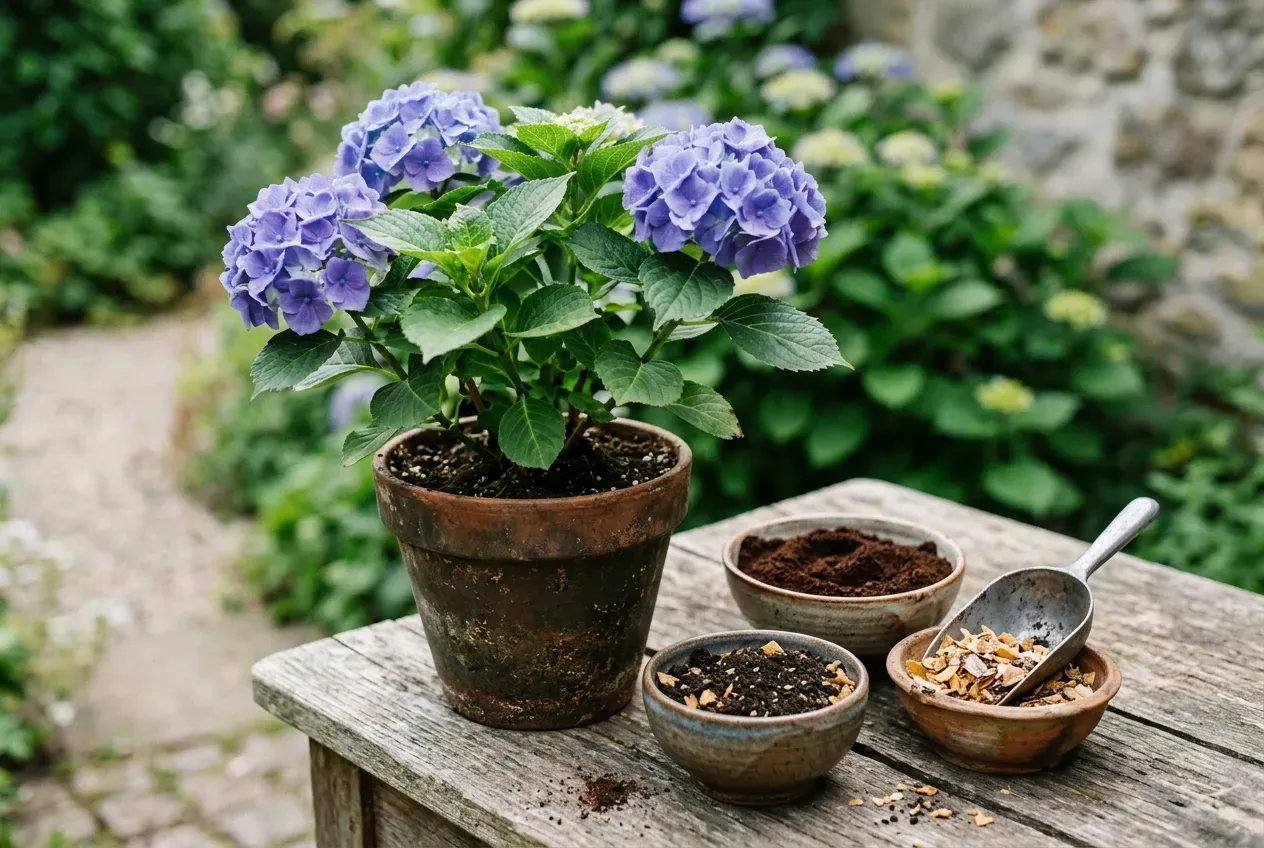 Kaffeesatz und Hornspäne als natürliche Dünger neben einer Hortensie