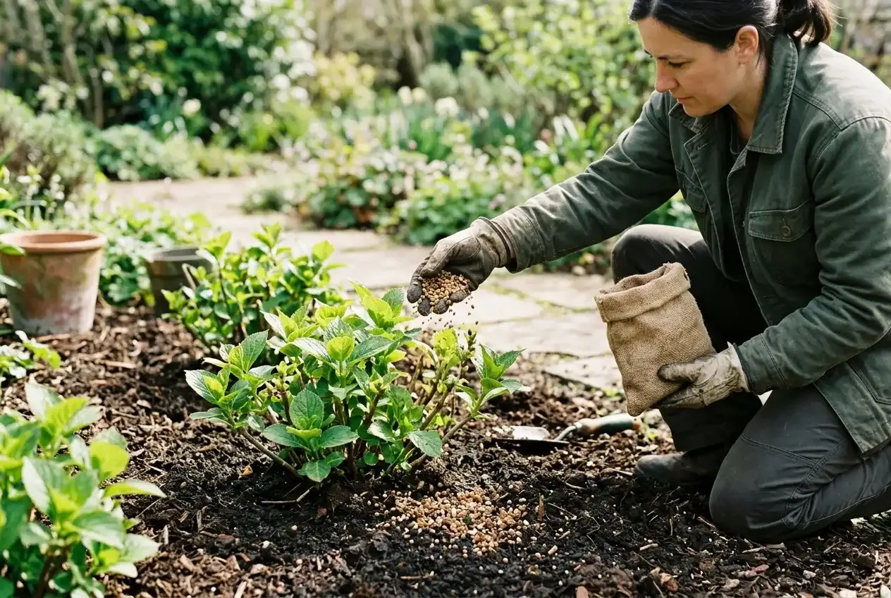 Hortensien im Gartenbeet werden im Frühjahr mit organischem Dünger versorgt