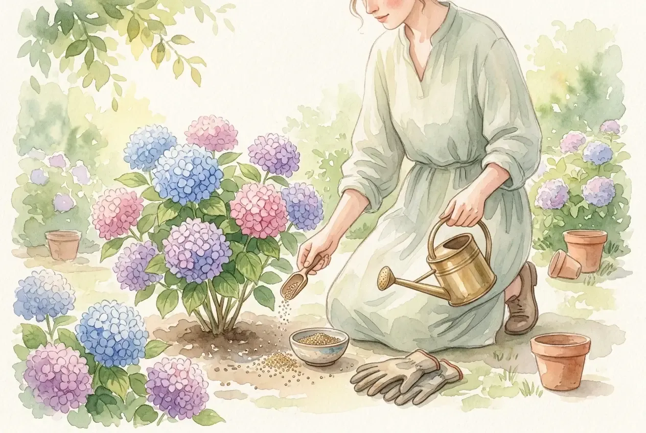 Üppig blühende Hortensien in Rosa und Blau im Gartenbeet mit Dünger-Gabe