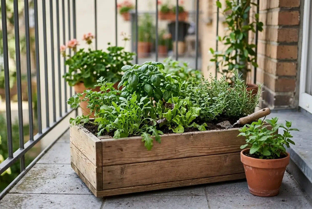 Kleines Hochbeet auf einem Balkon mit Kräutern und Salat bepflanzt