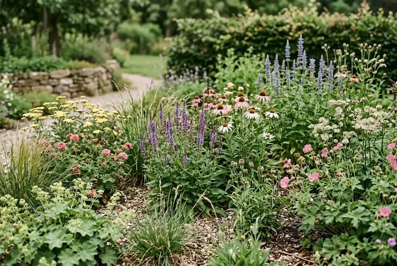 Verschiedene mehrjährige Stauden in einem naturnahen Gartenbeet