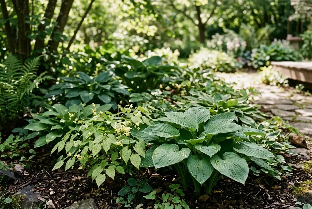 Staudenbeet im Halbschatten mit Funkien und Elfenblumen