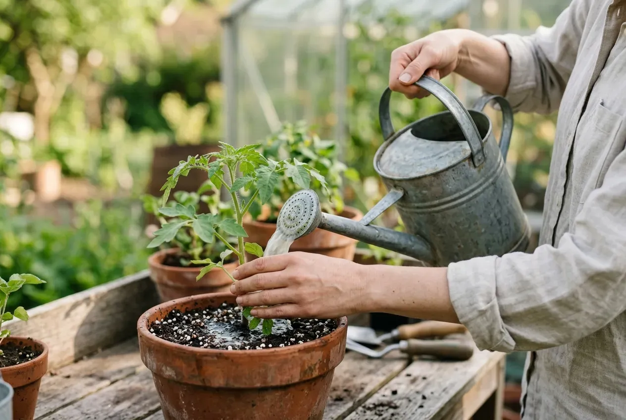 Gießkanne beim Ausbringen von Nematoden auf Topferde