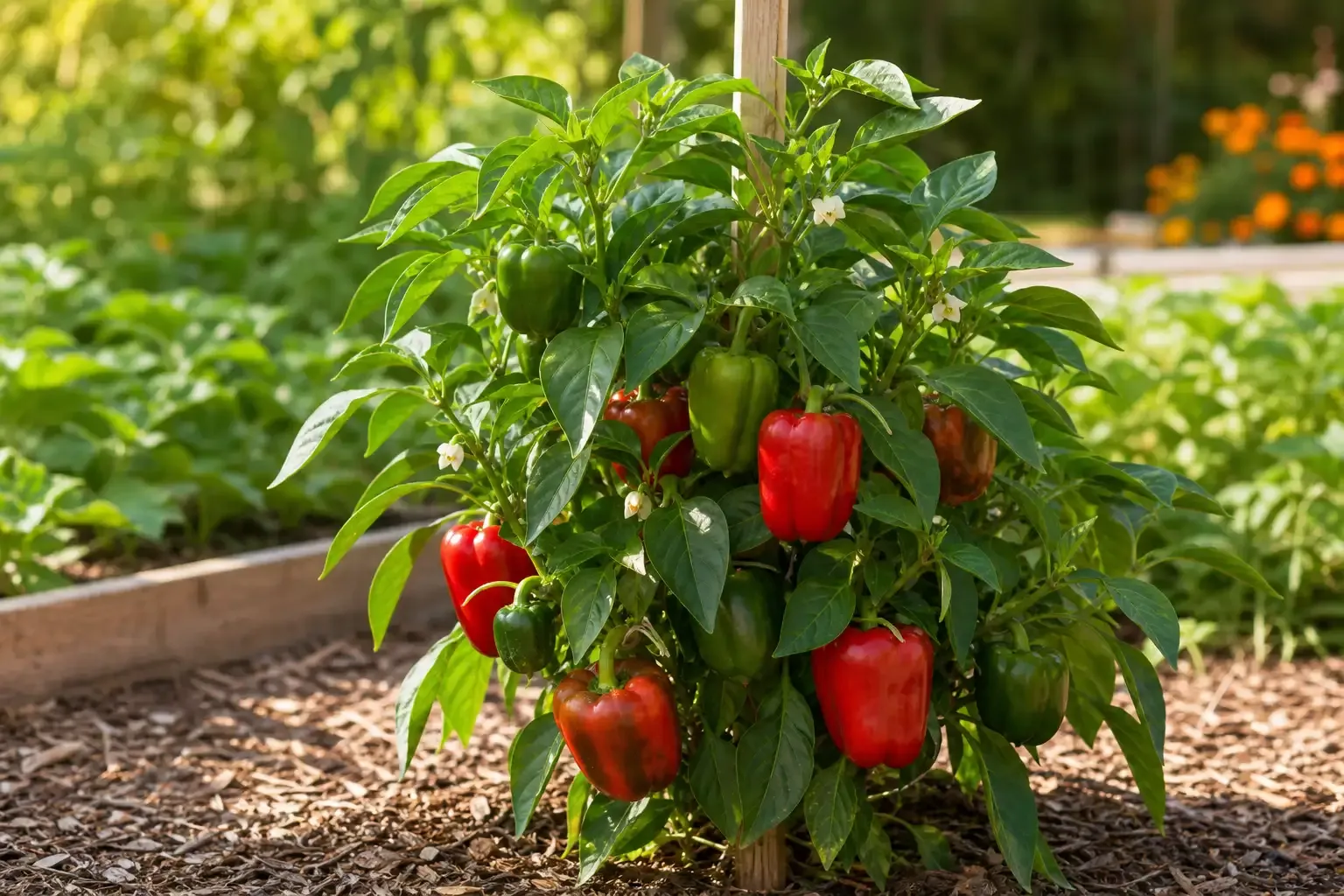 Paprikapflanze mit roten und grünen Früchten im Gemüsebeet