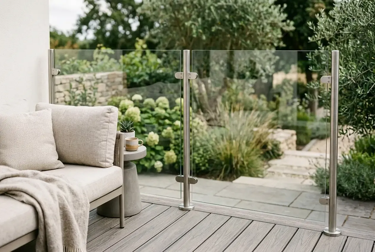Moderner Glas-Sichtschutz auf einer Terrasse mit Edelstahlpfosten