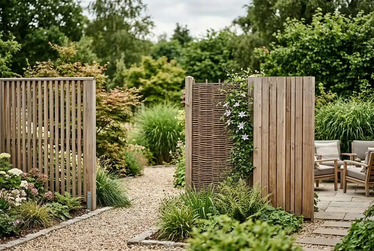 Verschiedene Holz-Sichtschutz-Varianten im Gartenbereich