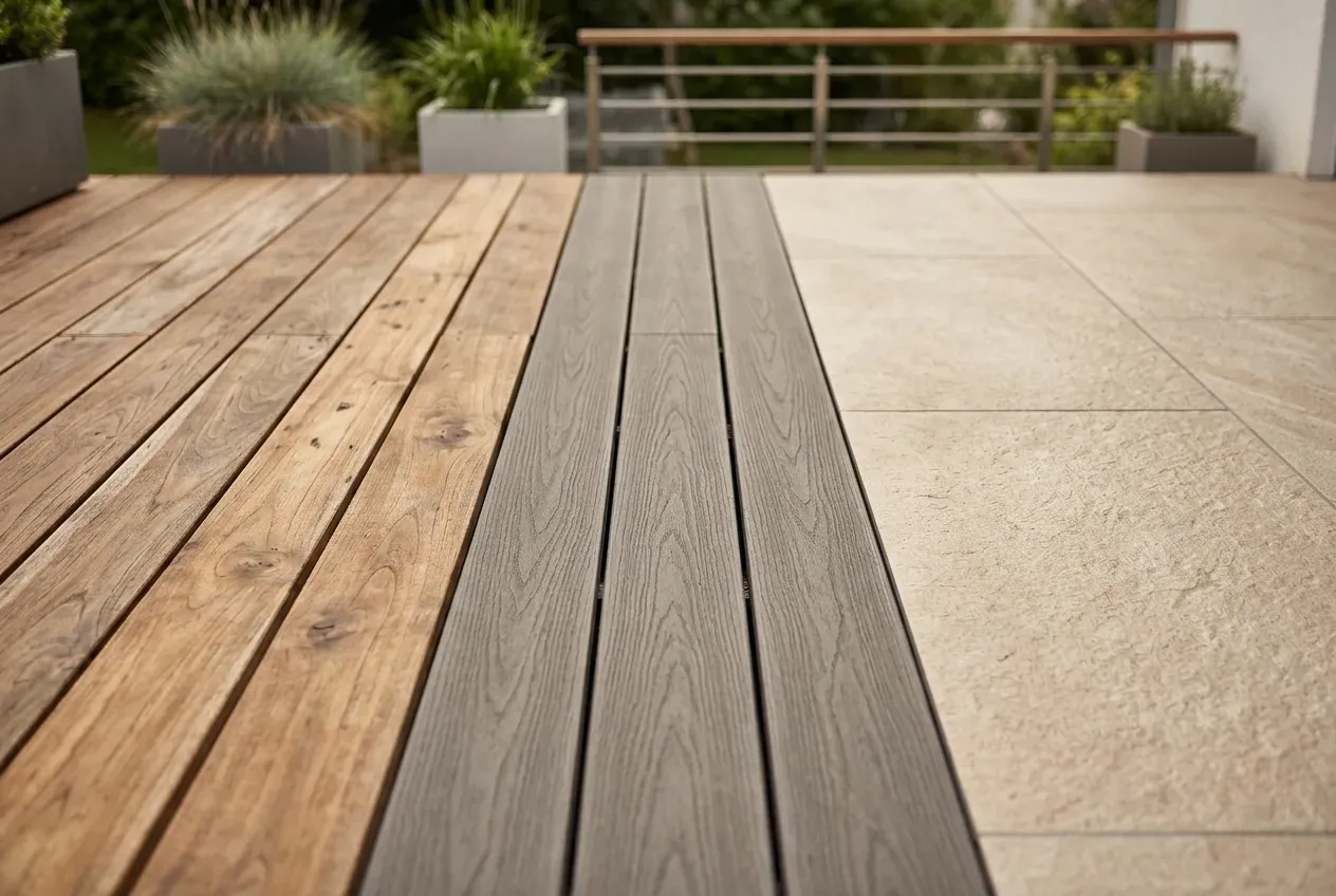 Vergleich verschiedener Terrassenböden: Holzdielen, WPC und Feinsteinzeug nebeneinander