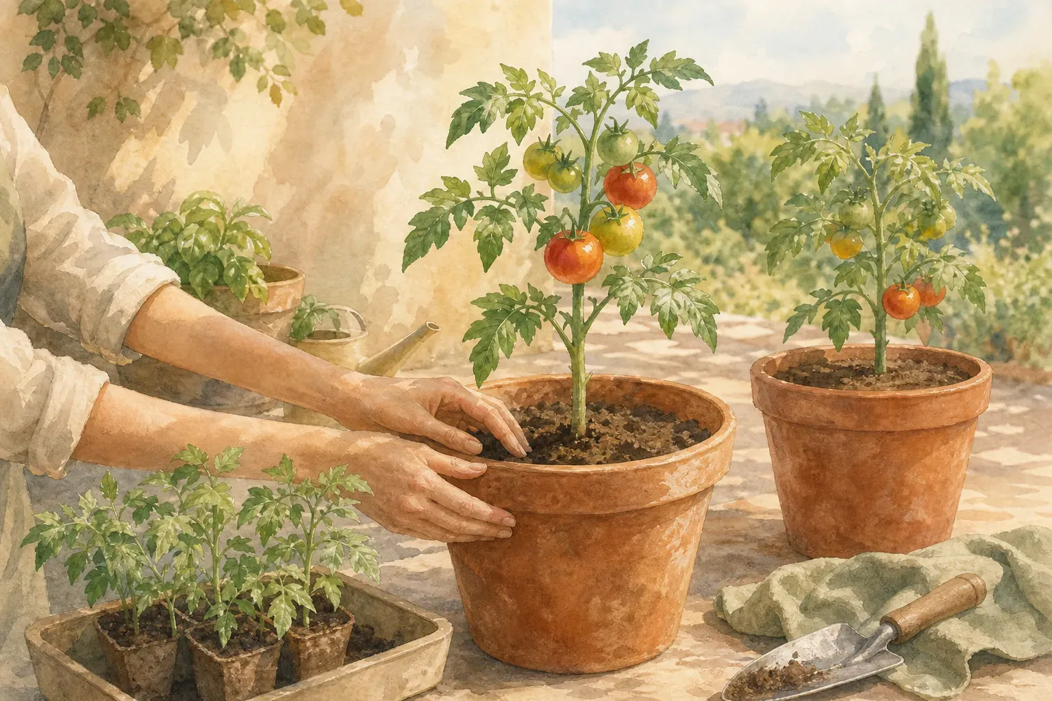 Tomatenpflanzen in großen Töpfen auf einem sonnigen Balkon