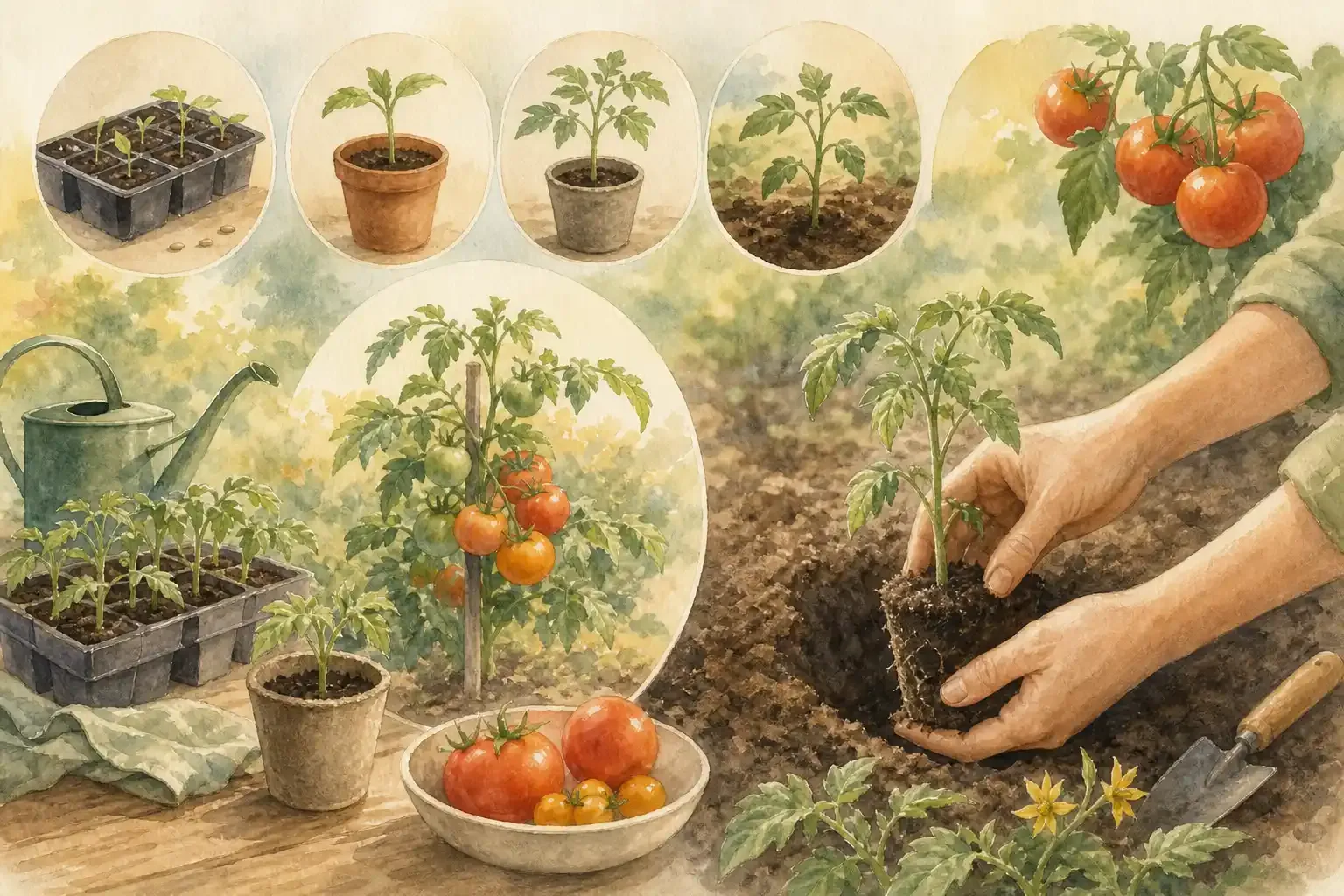 Tomatensämlinge in Anzuchttöpfen auf einer hellen Fensterbank